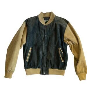 VTG Hammacher Schlemmer Bomber Jacket Mens Medium Black/Tan Suede Leather USA